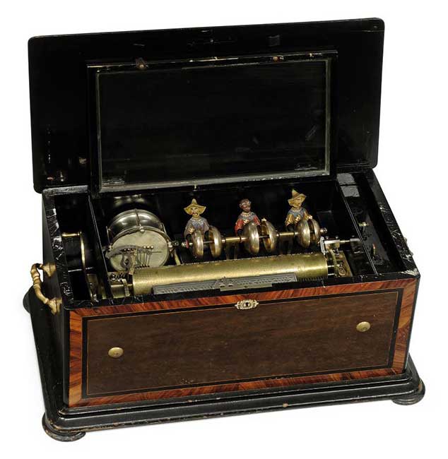 A FRENCH OR SWISS BURR-WOOD AND METAL INLAID CYLINDER MUSICAL BOX WITH DRUM AND BELLS IN SIGHT