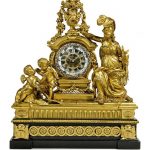 A LOUIS XV ORMOLU AND EBONY MUSICAL CLOCK 'L'ALLÉGORIE DE LA BATAILLE DE FONTENOY' OR 'LA PAIX' THE CASE ATTRIBUTED TO JEAN-JOSEPH DE SAINT GERMAIN, THE MUSICAL MOVEMENT BY PIERRE-ANTOINE REGNAULT, THE PLINTH ATTRIBUTED TO PHILIPPE-CLAUDE MONTIGNY, CIRCA 1765