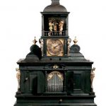 A EBONY ORGAN AND SPINET MUSICAL TABLE CLOCK WITH AUTOMATON FIGURES, AUGSBURG, GERMAN