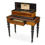 A SWISS PART EBONIZED AND INLAID WOOD MUSIC BOX ON STAND WITH SIX CYLINDERS 19th century