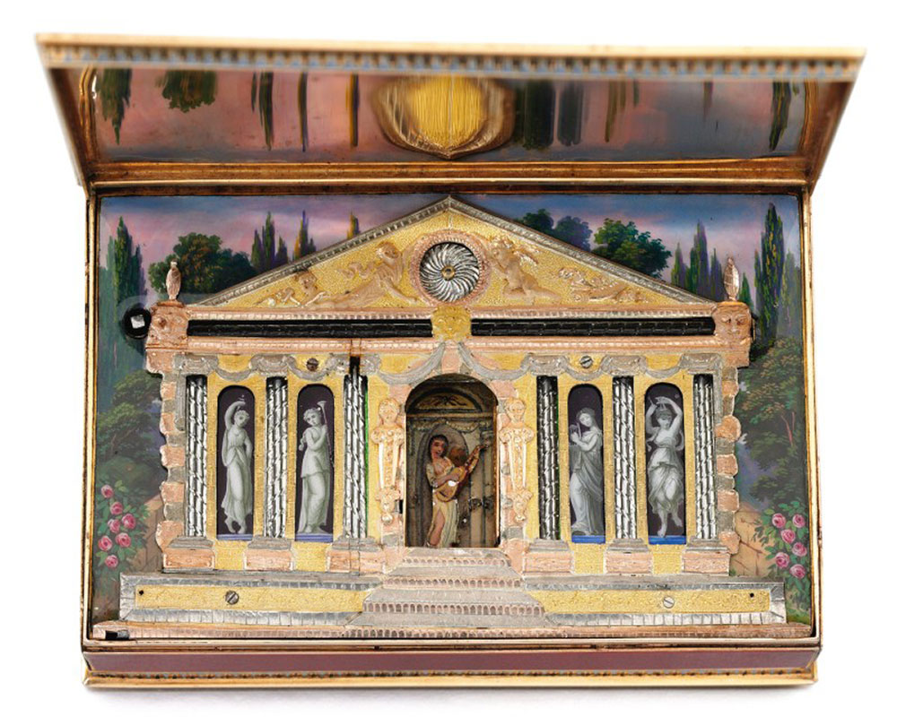 A RARE GOLD, ENAMEL AND PEARL SNUFF BOX WITH 'TEMPLE' AUTOMATON, MUSIC, WATCH AND VINAIGRETTE, SENÉ & NEISSER, GENEVA, 1807/1808
