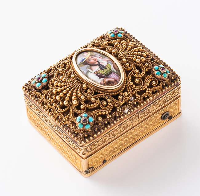 Miniature Gold, Amethyst, and Turquoise Musical Box Vinaigrette